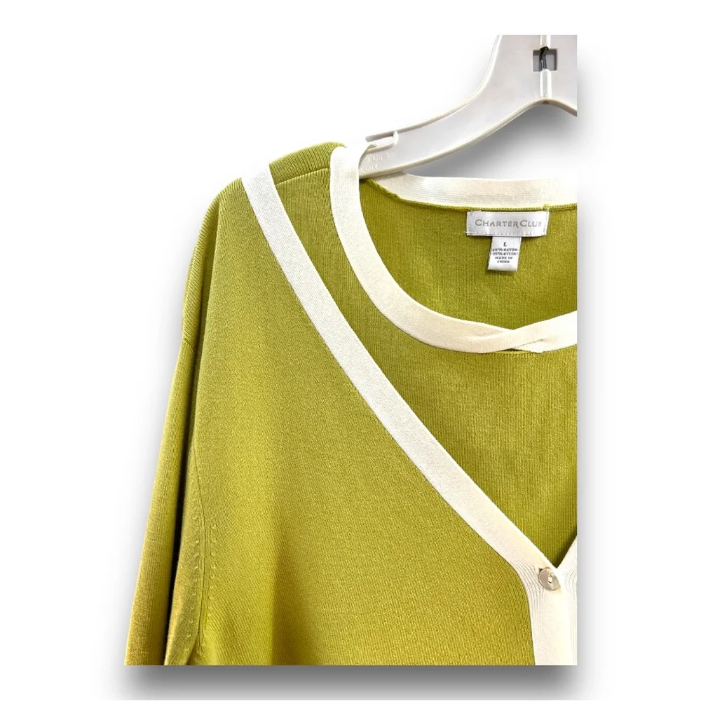 CHARTER CLUB Vintage Y2K Olive green white trim cardigan and tank top SZ L - Picture 10 of 16
